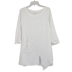 Kleën Linen Tunic Top 3/4 Sleeve Size Small White Floral Embellished